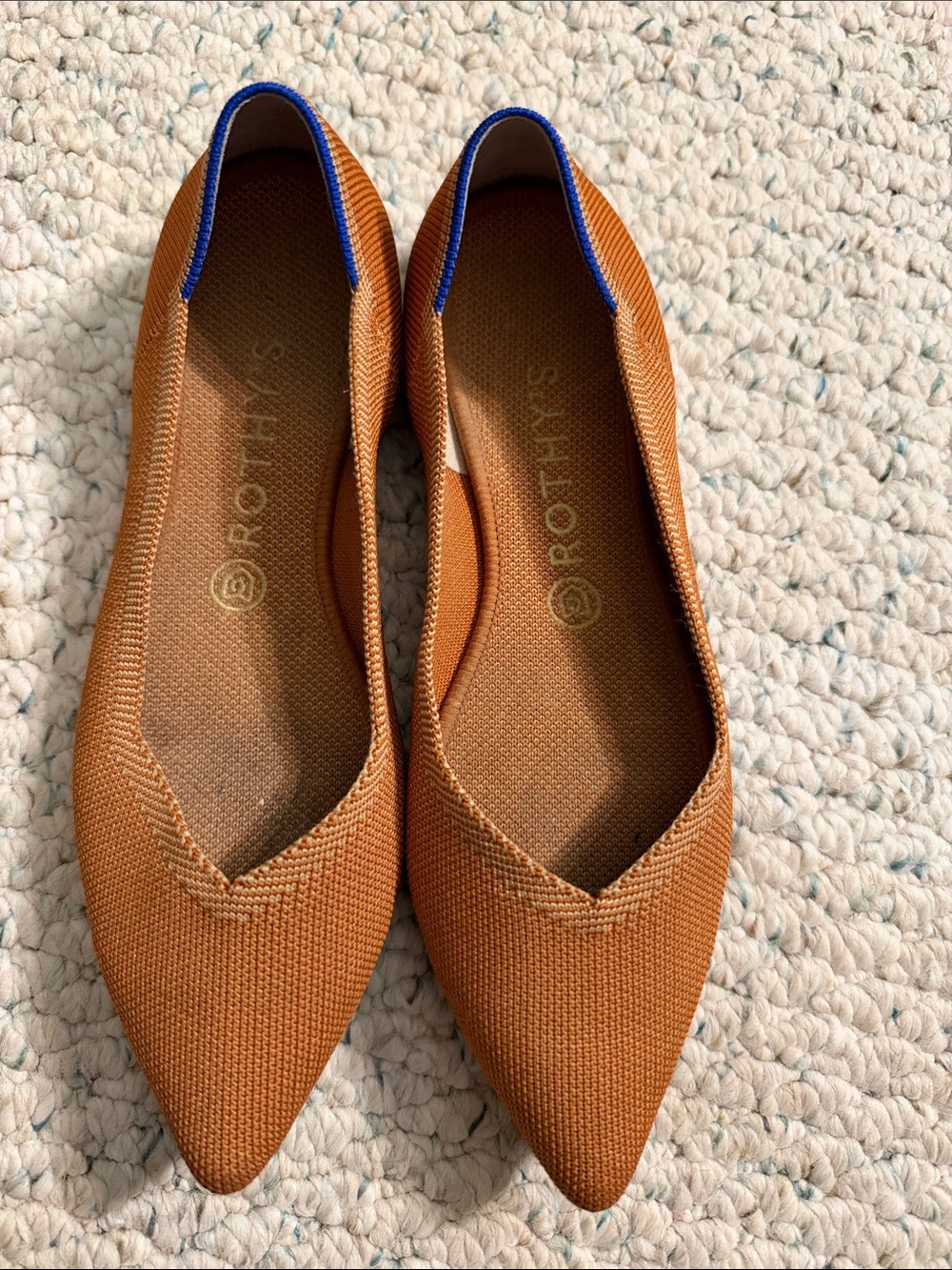 Rothy's Pointed Knit Flats in Rust with Blue Trim